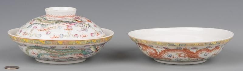 Appraisal: Chinese Porcelain Dragon Bowls Pair of Chinese Famille Rose lidded