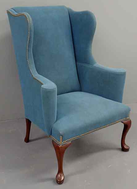 Appraisal: Queen Anne style mahogany wing chair with blue faux suede