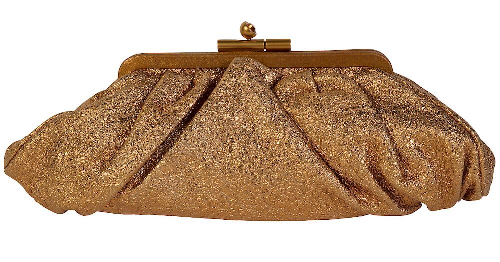 Appraisal: Gold Pebbled Leather CHANEL Brocade Clutch Chanel gold brocade clutch