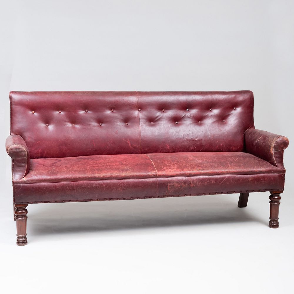 Appraisal: Edwardian Leather Upholstered Mahogany Billiards Bench x x in Condition