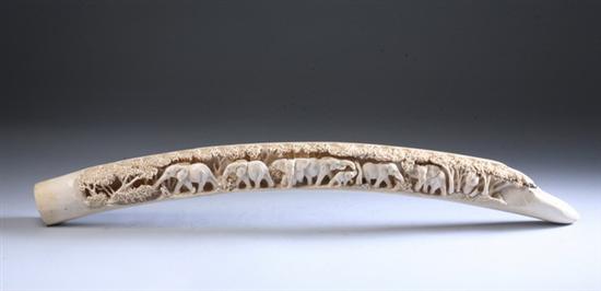 Appraisal: IVORY CARVED TUSK Signed A Chatambarara Elephant and tree decoration