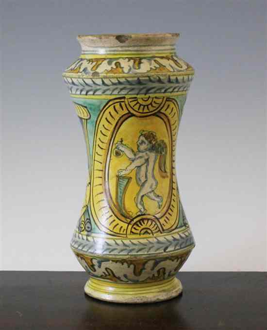 Appraisal: An Italian maiolica drug jar th century the waisted body