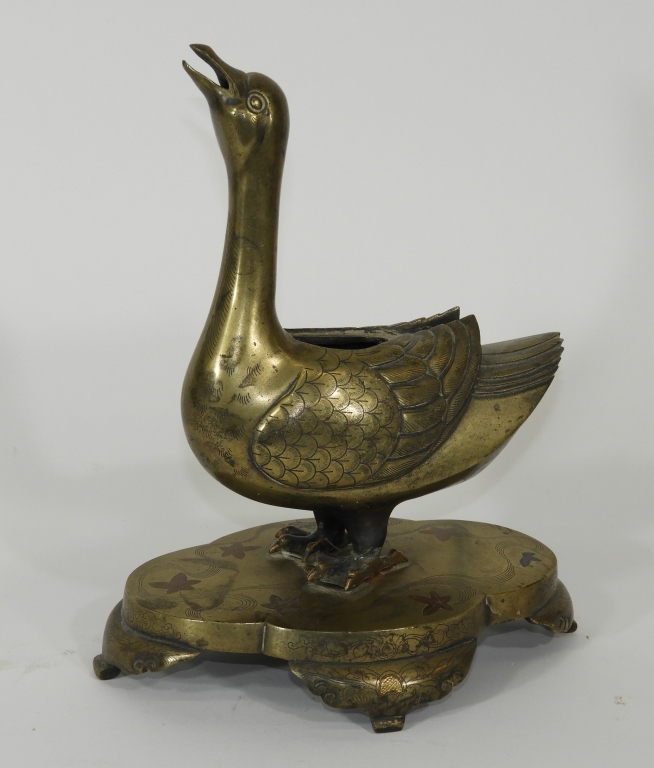 Appraisal: CHINESE QING DYNASTY FIGURAL BRONZE DUCK CENSER China Qing Dynasty