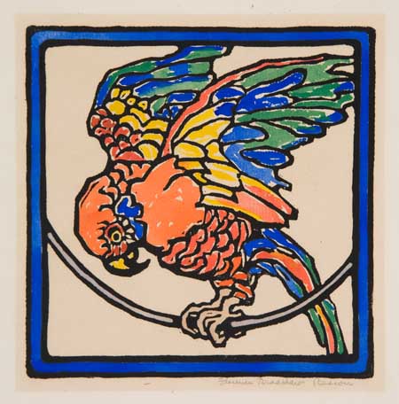 Appraisal: FLORENCE BRADSHAW BROWN Group of color woodcuts Parrot Rooster Zebra