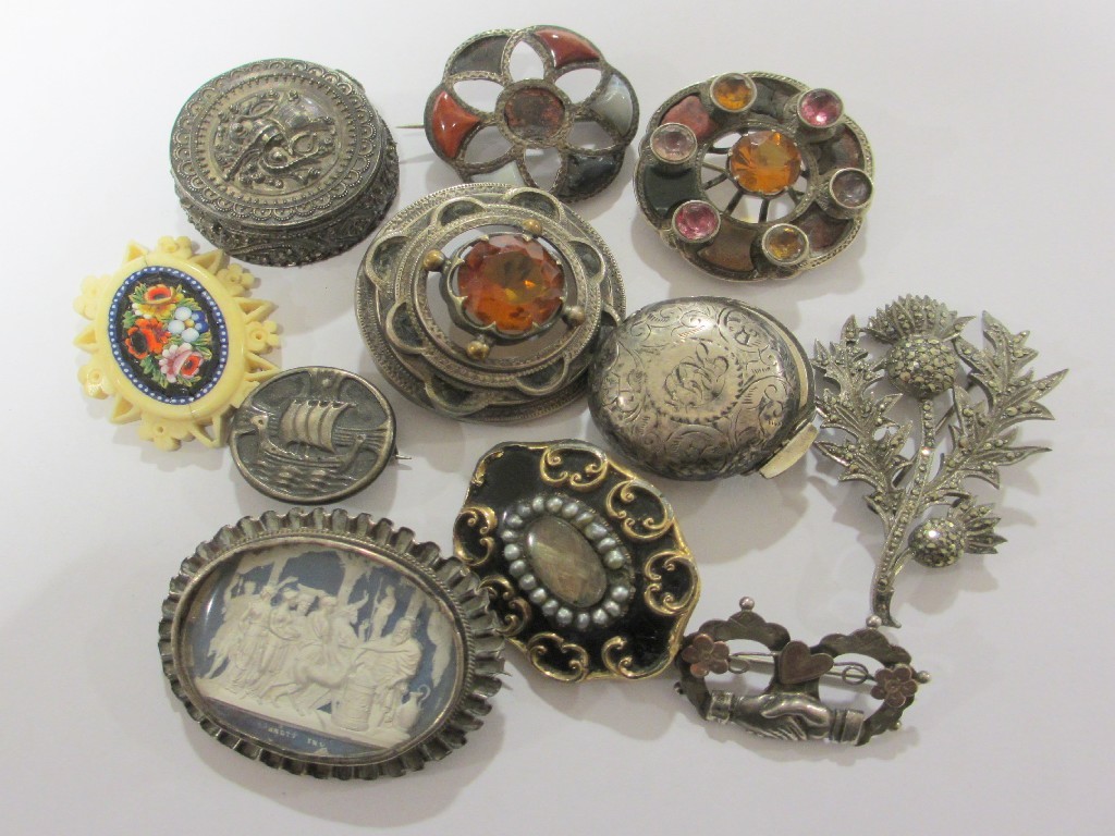 Appraisal: Lot comprising four Scottish silver brooches silver pill box Victorian