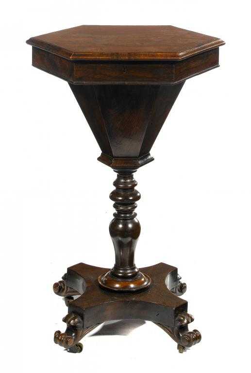 Appraisal: A VICTORIAN ROSEWOOD WORK TABLE of hexagonal form the lid