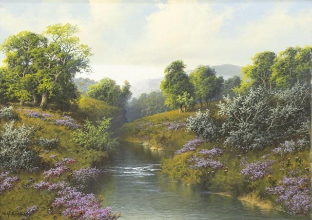 Appraisal: Framed oil on canvas painting River Landscape with Purple Wildflowers