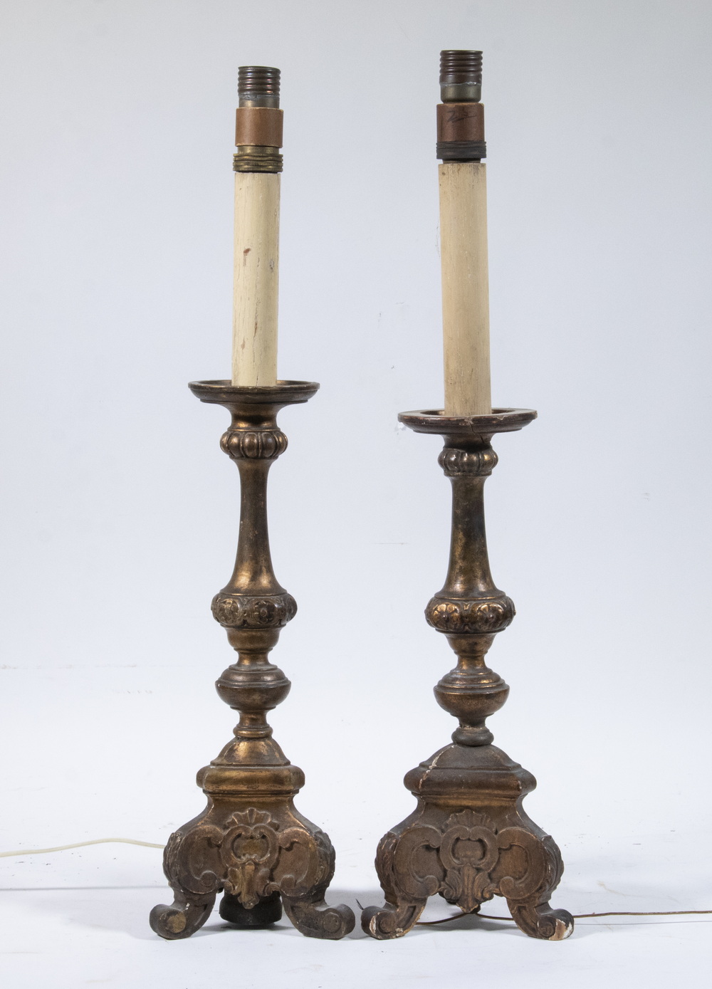 Appraisal: EARLY WOODEN CANDLESTICKS AS TABLE LAMPS Near Pair of th