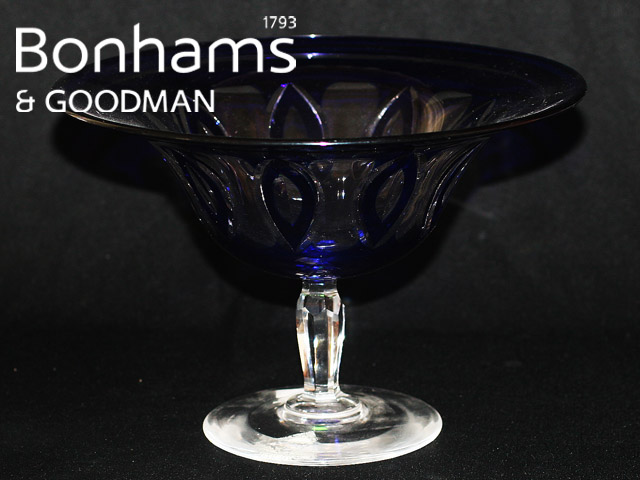 Appraisal: A Bohemian tazza with circular bowl in blue overlay with