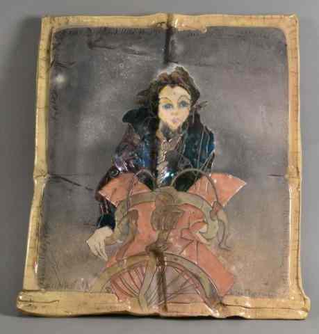 Appraisal: RAKU FIRED CERAMIC PLAQUE - WOMAN ON BIKEContemporary decorative art