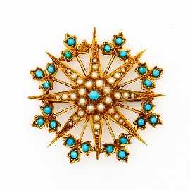 Appraisal: A ct gold turquoise and seed pearl star brooch one