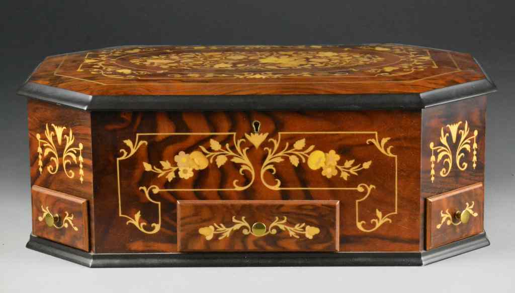 Appraisal: Large Marquetry Jewelry BoxOverall floral and scroll decoration in various