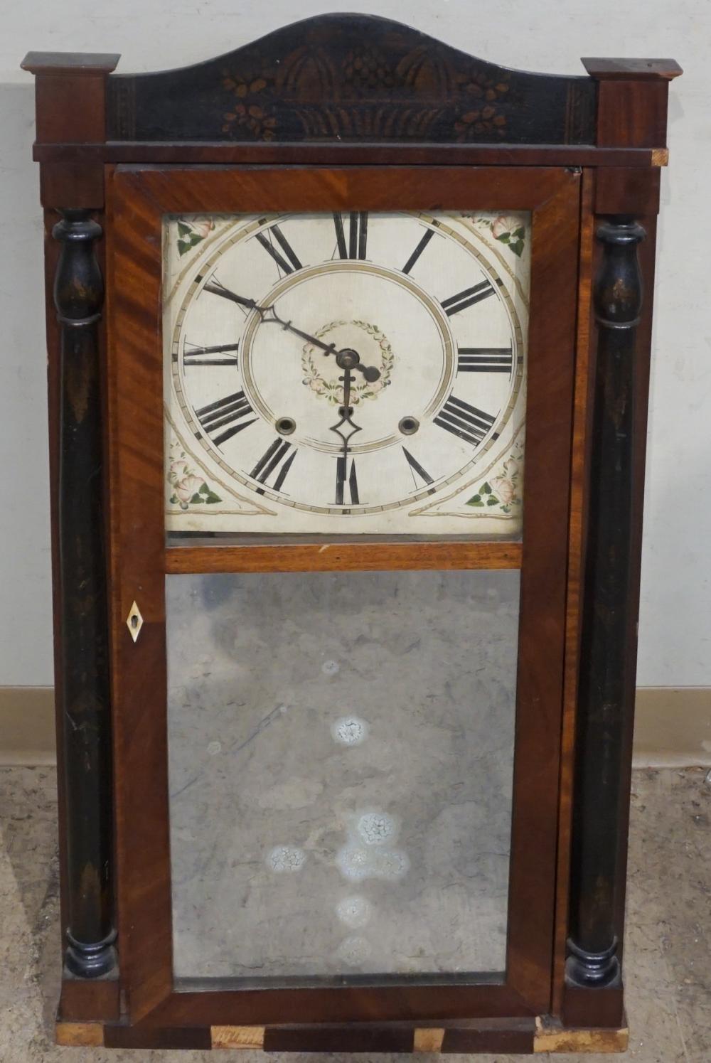 Appraisal: CLASSICAL STENCIL DECORATED MAHOGANY SHELF CLOCKClassical Stencil Decorated Mahogany Shelf