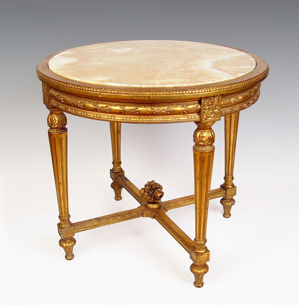 Appraisal: LOUIS XVI GILT WOOD CENTER TABLE Marble mounted center table