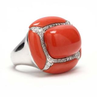 Appraisal: KT White Gold Coral and Diamond Ring centered with one