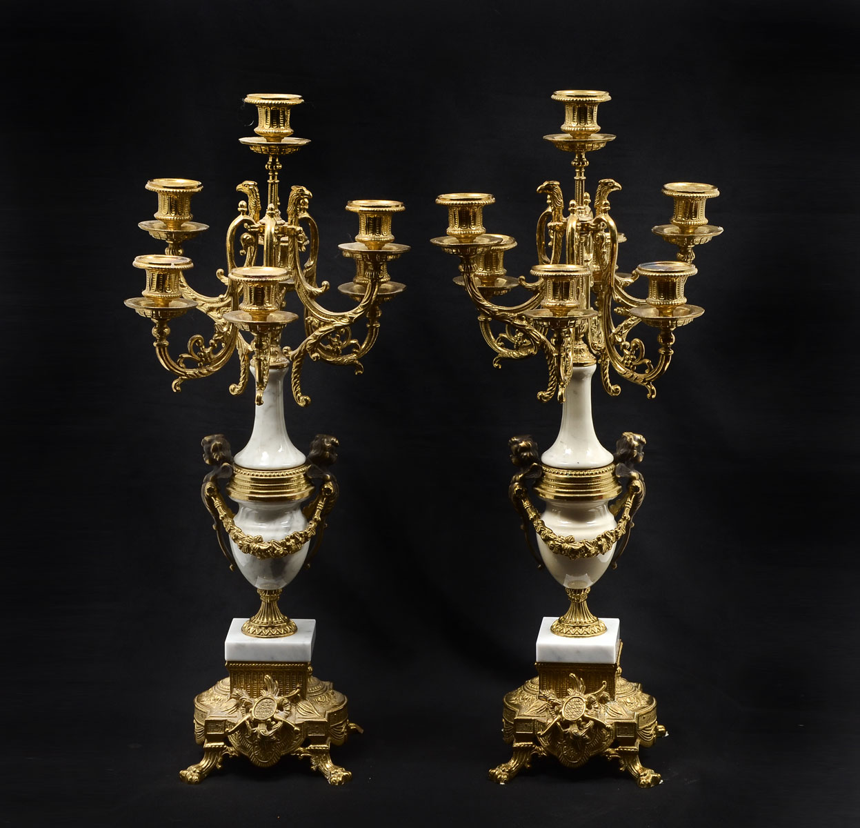 Appraisal: PAIR OF BRASS MARBLE CANDELABRA turned white marble brass candelabra