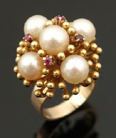 Appraisal: CT GOLD CULTURED PEARL AND RUBY COCKTAIL RING