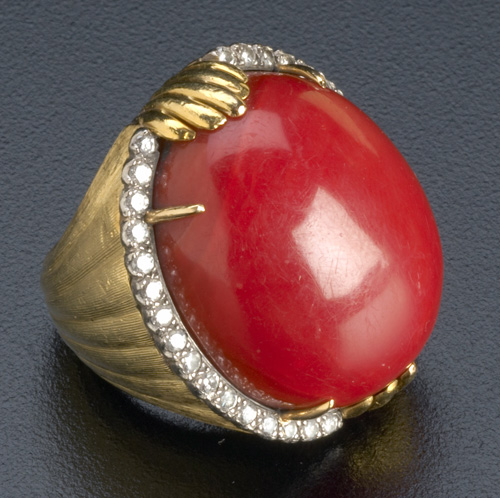 Appraisal: Oxblood coral and diamond ring in k yg and wg