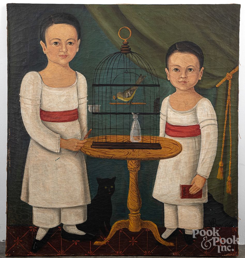 Appraisal: Oil on canvas folk portrait of two children Oil on