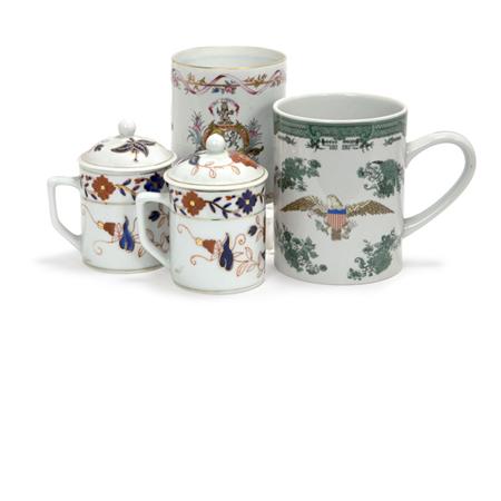 Appraisal: Two Chinese Export Style Porcelain Tankards Together with Two Porcelain