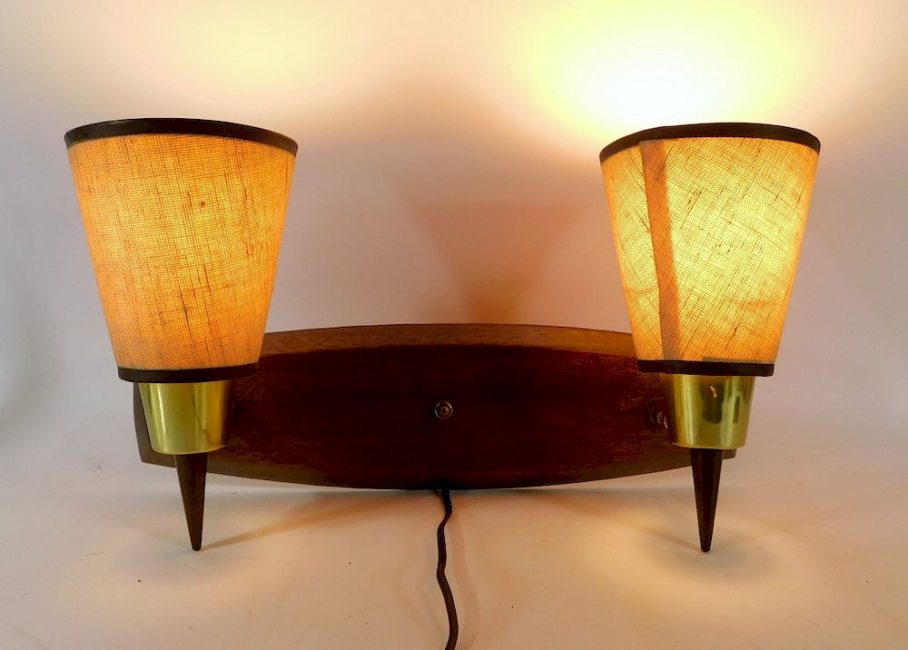 Appraisal: MCM Wood and Brass Two Light Wall Sconce United States