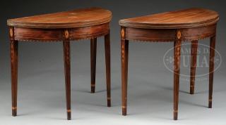 Appraisal: PAIR OF FEDERAL STYLE DEMILUNE INLAID MAHOGANY CARD TABLES PAIR