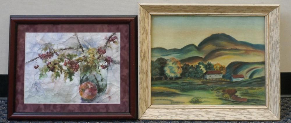 Appraisal: Framed Watercolor Still Life and Chalk Landscape Frame of larger