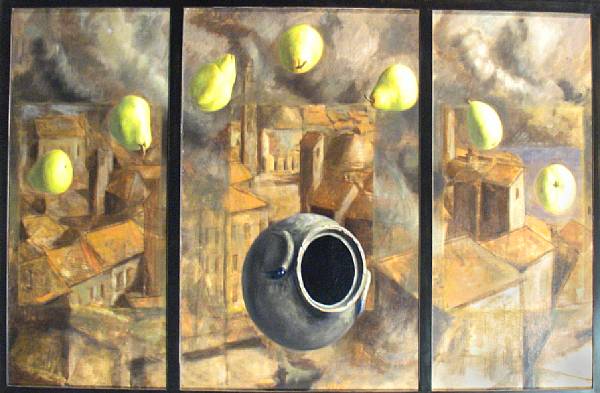 Appraisal: Artist Unknown Falling Vessel and Pears triptych signed indistinctly and