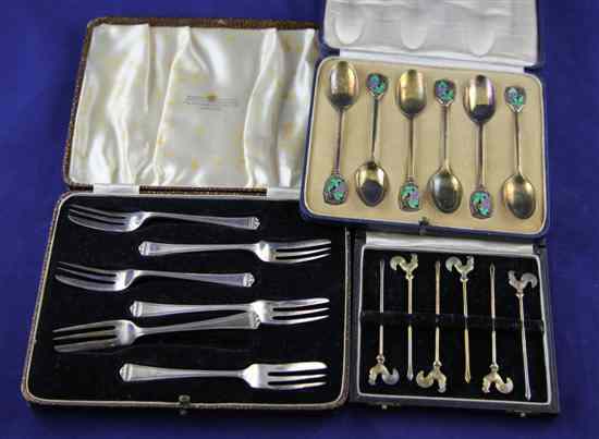 Appraisal: A cased set of six 's silver gilt and enamelled