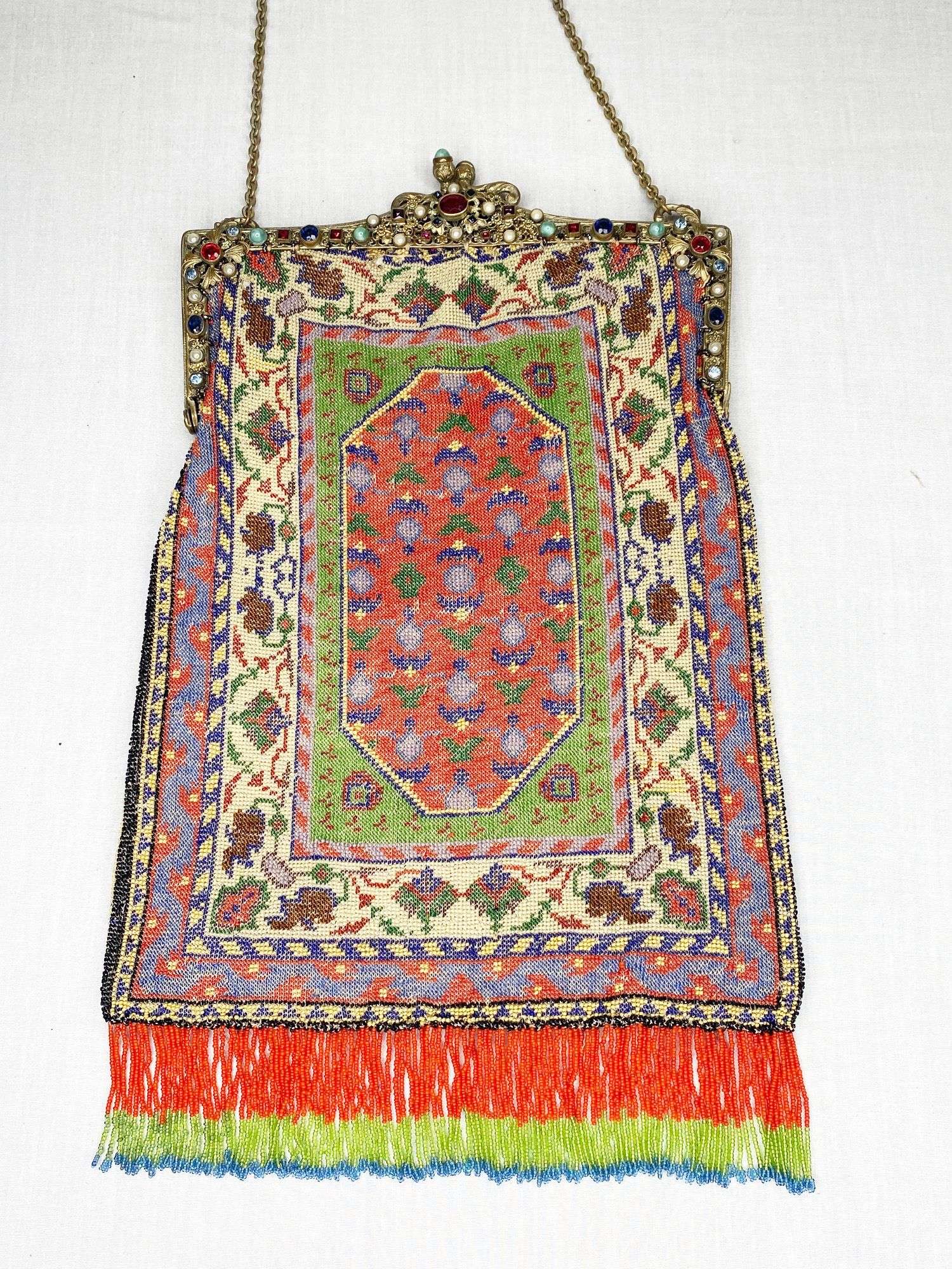 Appraisal: Micro Beaded Hand Bag with Carpet design long including fringe