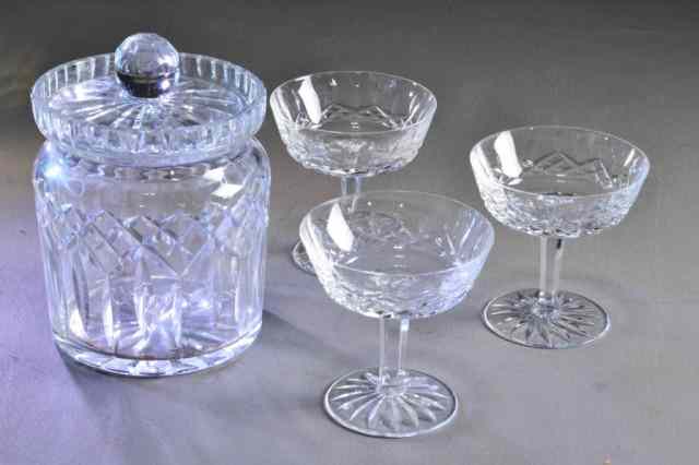 Appraisal: PCS WATERFORD GLASSES BISQUIT BARRELIncluding a round cut glass covered