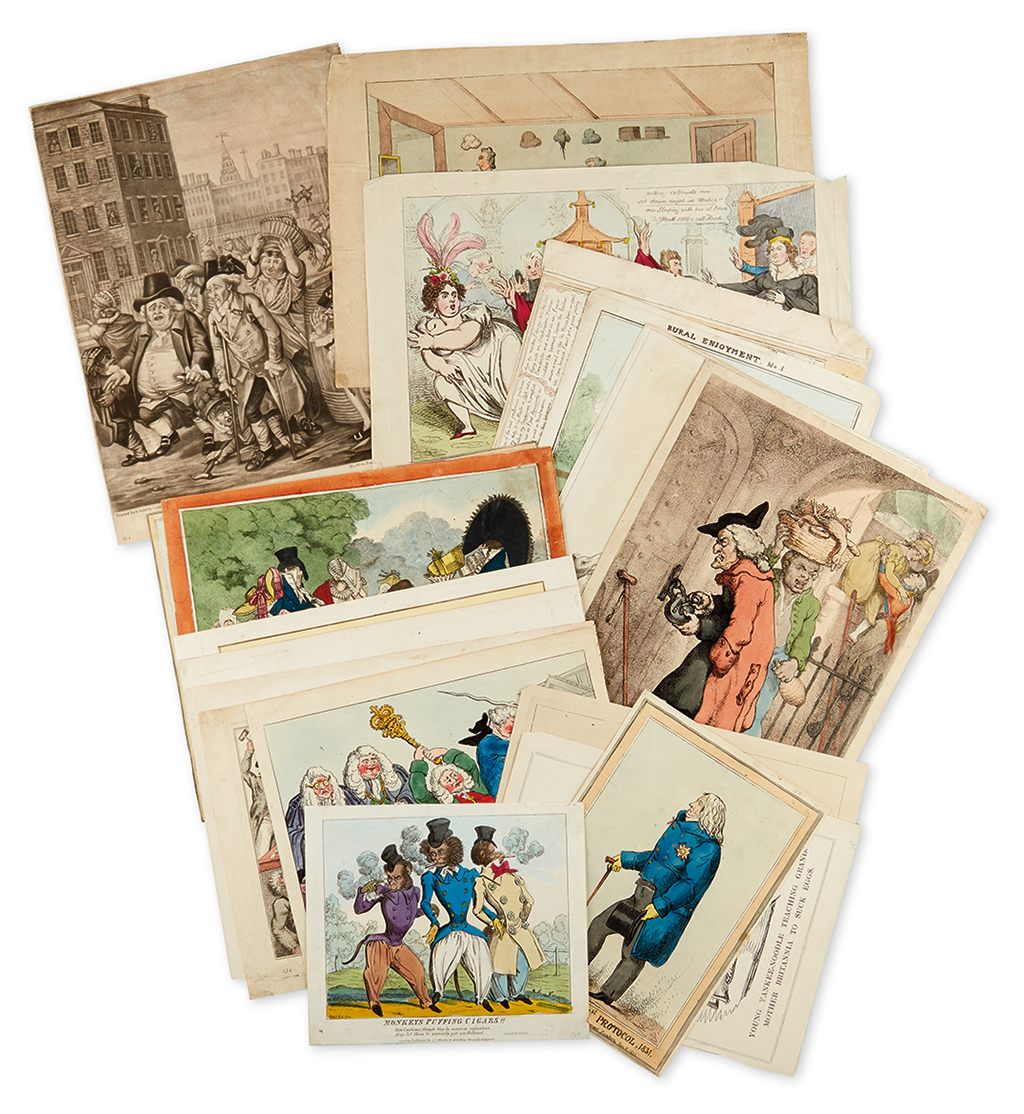 Appraisal: CARICATURE Group of mostly hand-colored engraved English caricatures and satires