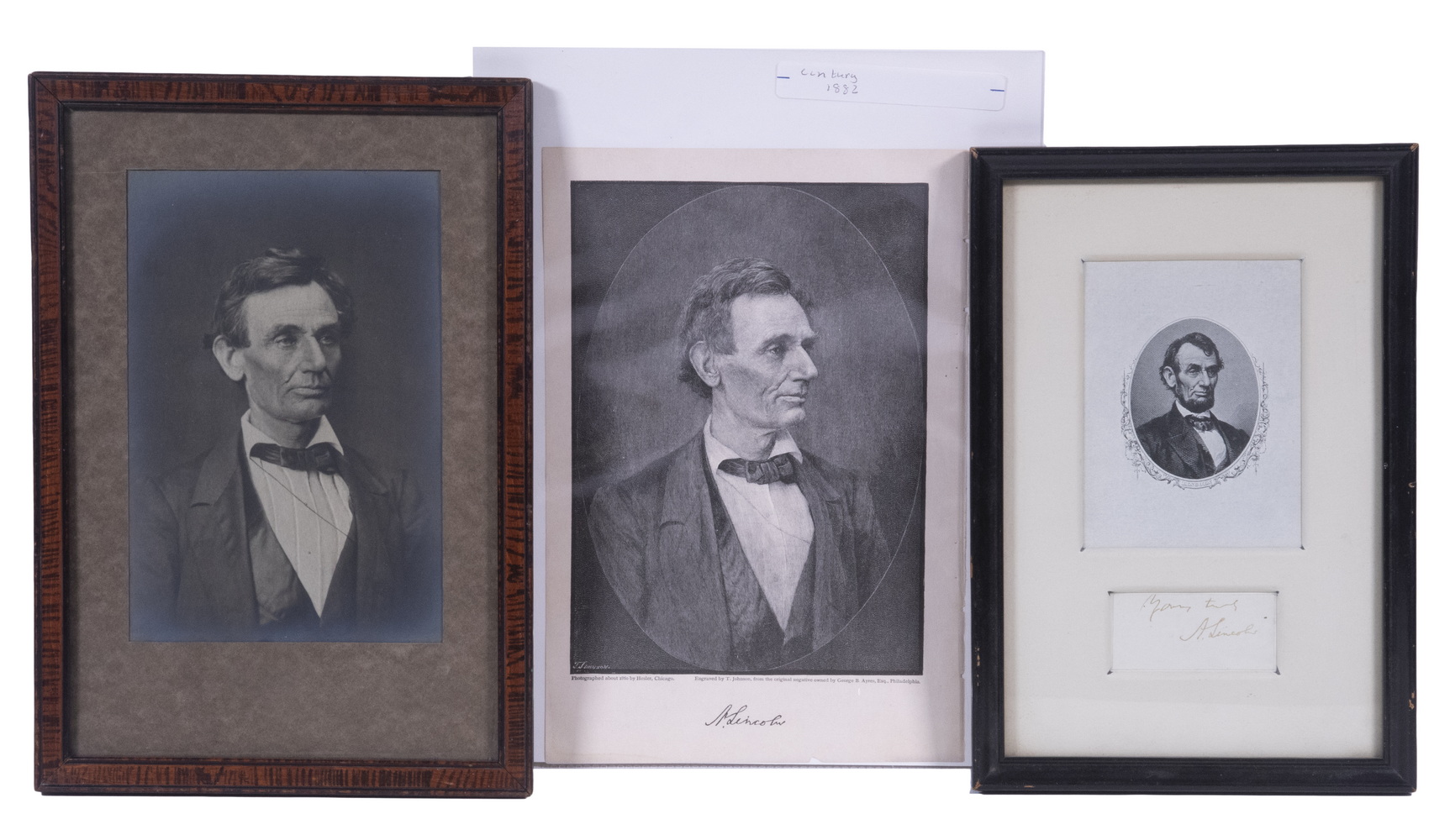 Appraisal: ENGRAVED PORTRAITS OF LINCOLN W CLIPPED AUTOGRAPH FRAMED Including Fine