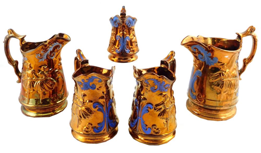 Appraisal: English lusterware with blue enamel c 's five matching graduated