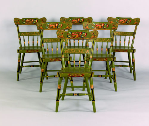 Appraisal: Set of six Pennsylvania painted plank seat chairs late th