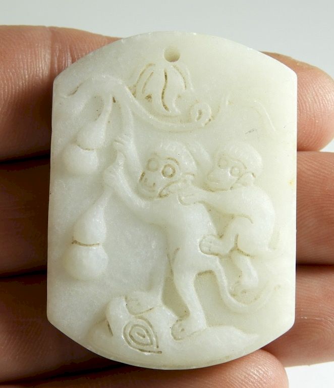 Appraisal: Chinese Carved White Jade Monkey Plaque China Qing Dynasty Relief