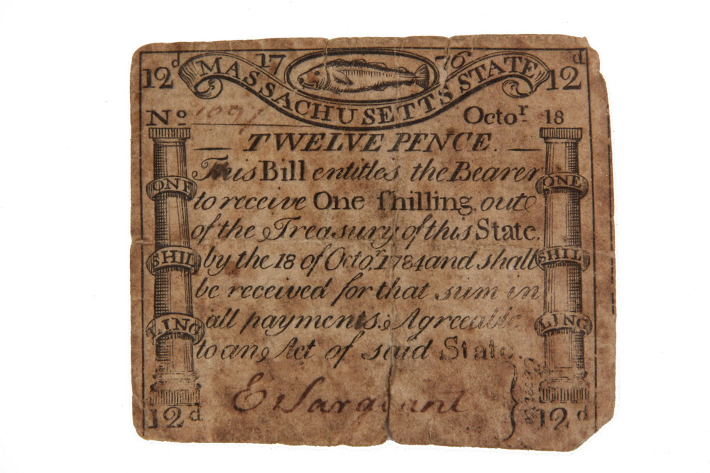 Appraisal: FRAMED MASSACHUSETTS CURRENCY - October Paul Revere Engraved Codfish Twelve