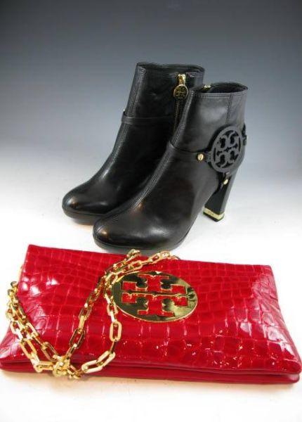 Appraisal: Tory Burch Boots and Clutch a patent leather crocodile stamp