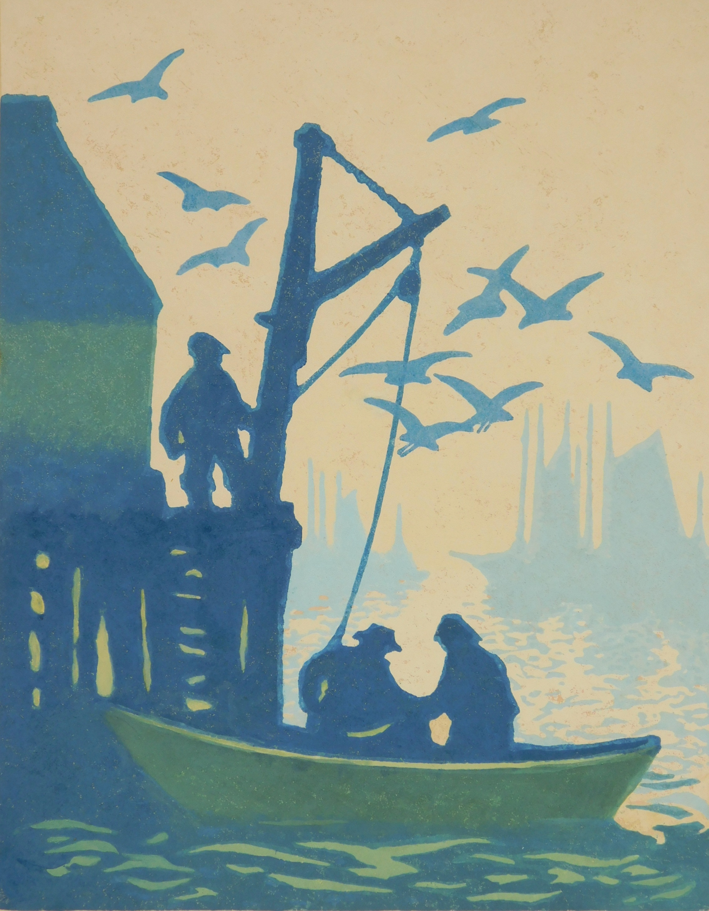 Appraisal: Tod Lindenmuth - The Harbor at Dawn''- linocut in colors