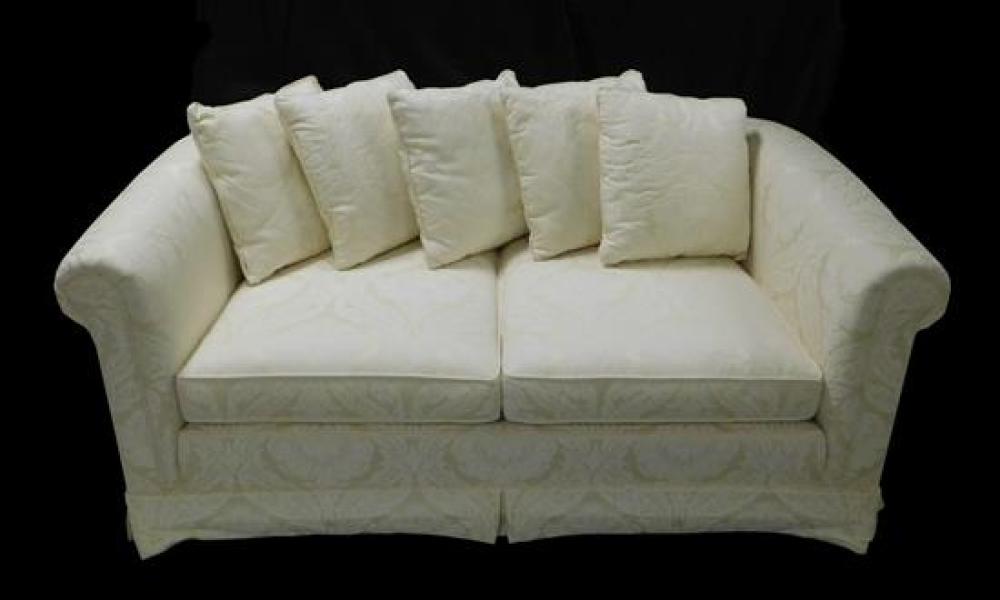 Appraisal: Love seat cream damask upholstery roll arms includes five throw