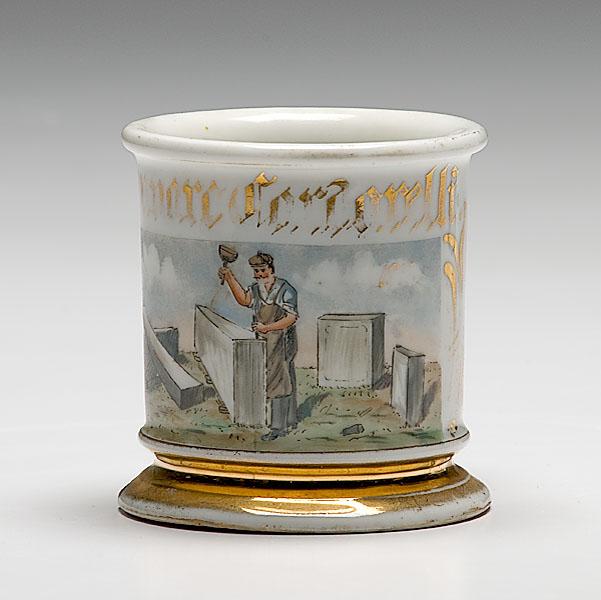 Appraisal: OCCUPATIONAL SHAVING MUG OF STONE CUTTER porcelain with polychrome painted