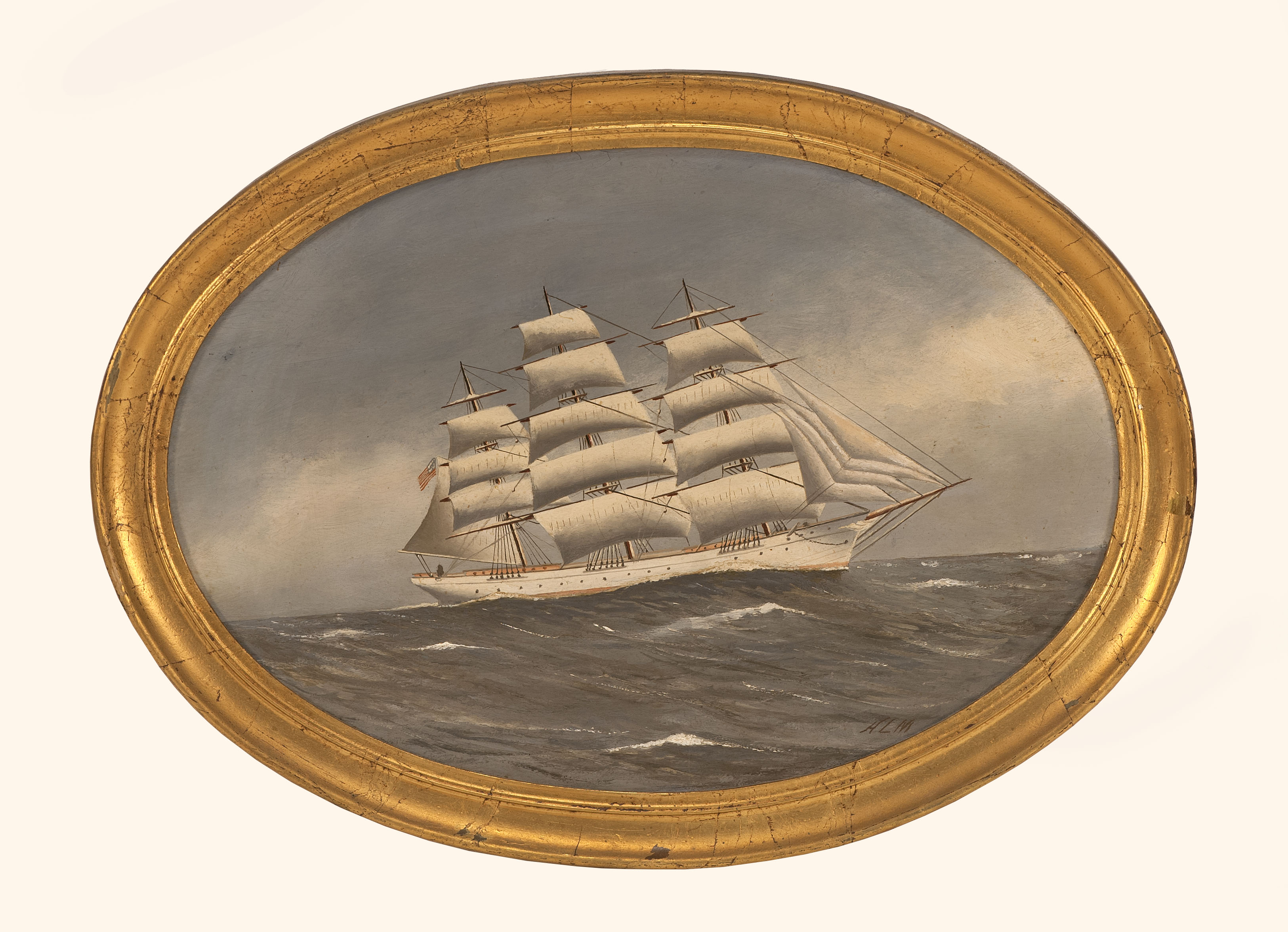 Appraisal: FRAMED PAINTING UNTRACED ARTIST A white-hulled American flag clipper ship