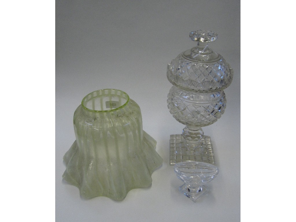 Appraisal: Vaseline glass light shade cut glass boat shaped salt and