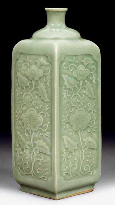 Appraisal: CELADON VASE Japan Meiji Period H cm Cuboid-shaped bottle the