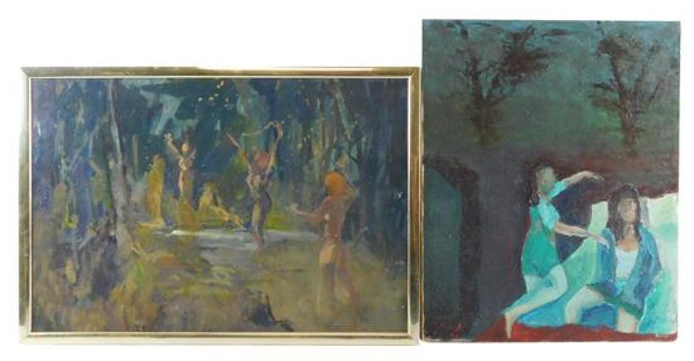 Appraisal: Two th C abstracted figural paintings the first an oil