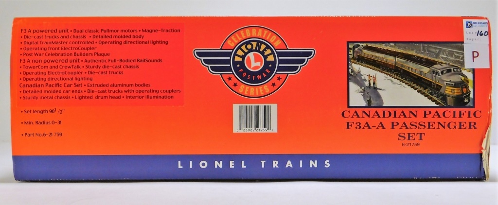 Appraisal: LIONEL CANADIAN PACIFIC F A-A PASSENGER TRAIN SET Item no