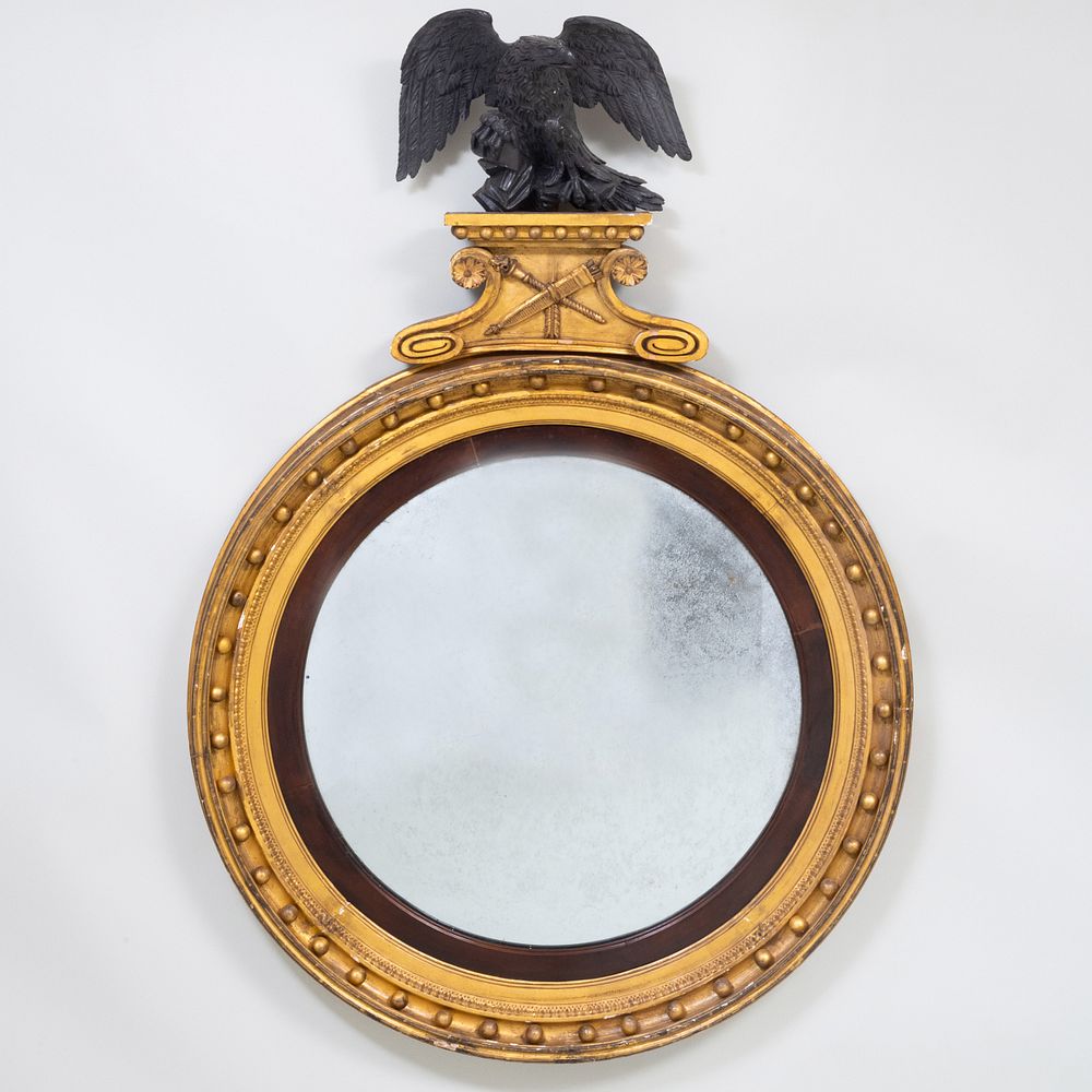 Appraisal: Large Regency Ebonized and Giltwood Convex Mirror ft x in