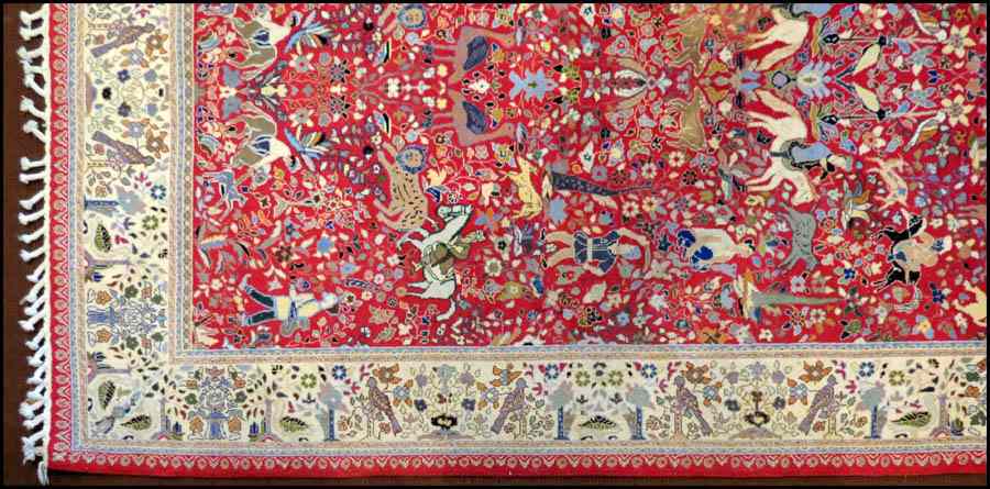 Appraisal: RABAT CARPET Depicting a hunt scene with figures on horseback