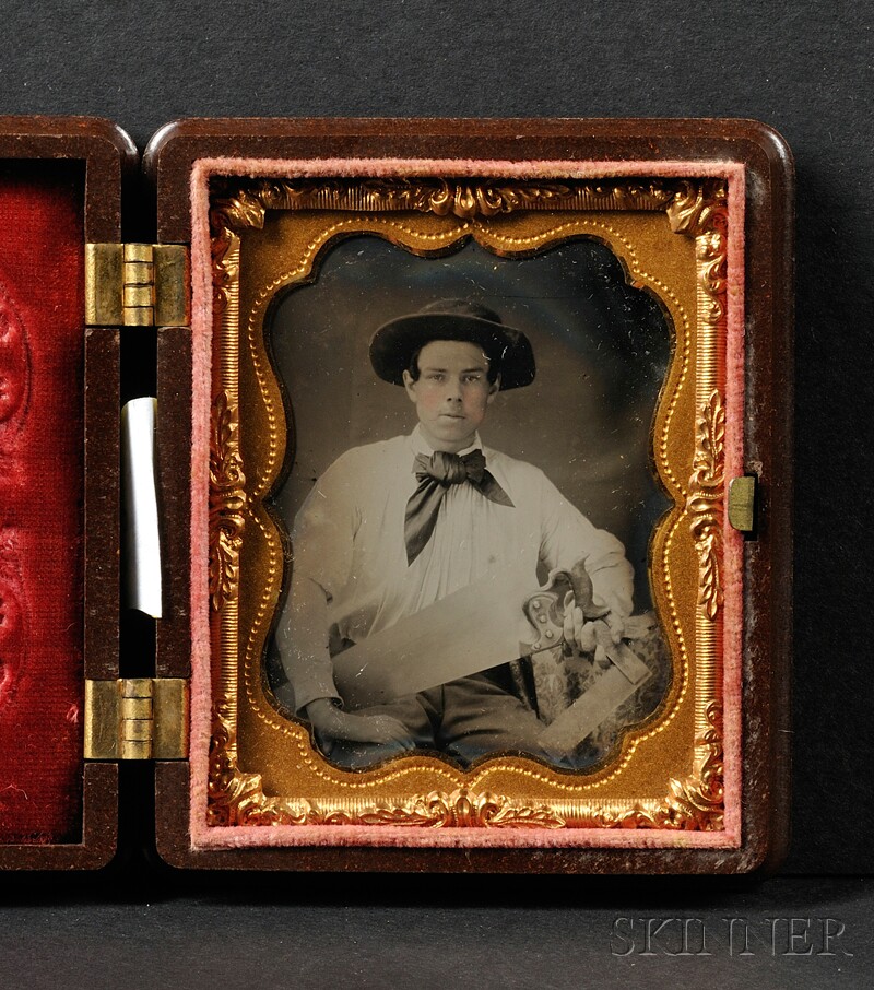 Appraisal: Ninth Plate Tintype Portrait of a Young Carpenter with Saw