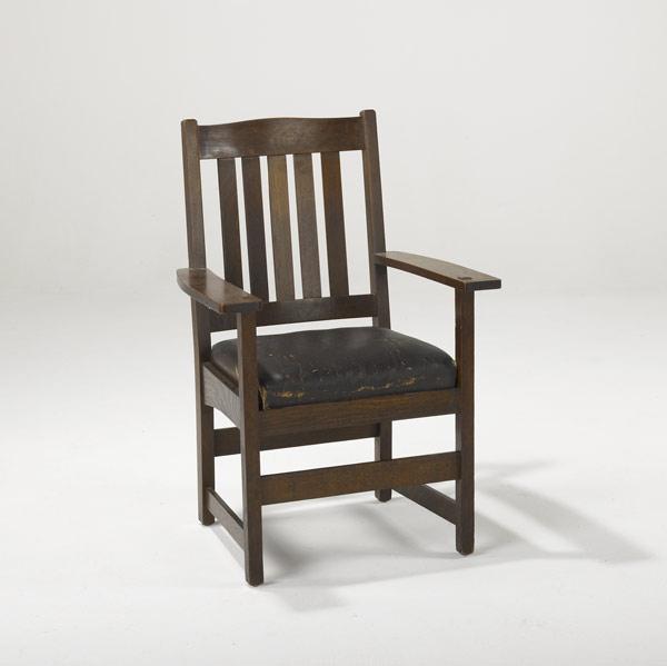 Appraisal: L J G STICKLEY Armchair with drop-in leather seat Handcraft